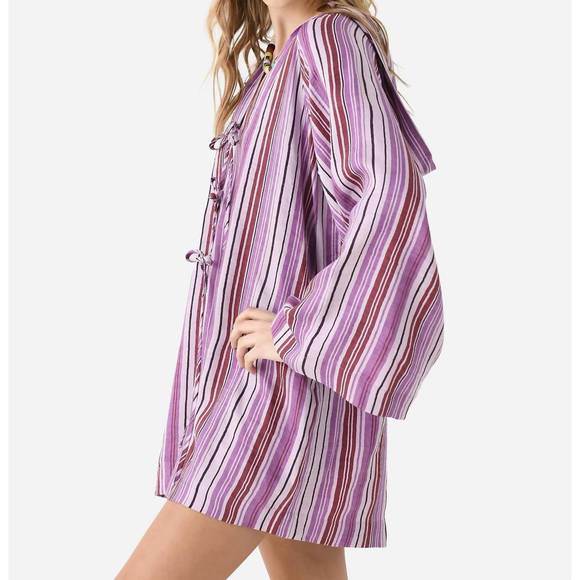 NEW LISA MARIE FERNANDEZ beach cape mini cover-up in blueberry striped linen - Picture 2 of 3